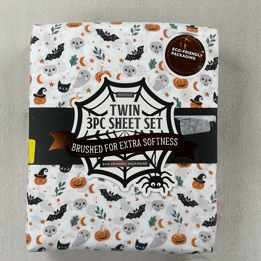 EnVogue Twin Sheet Set 3pc Halloween Pumpkins Ghosts Bats Skulls White Orange